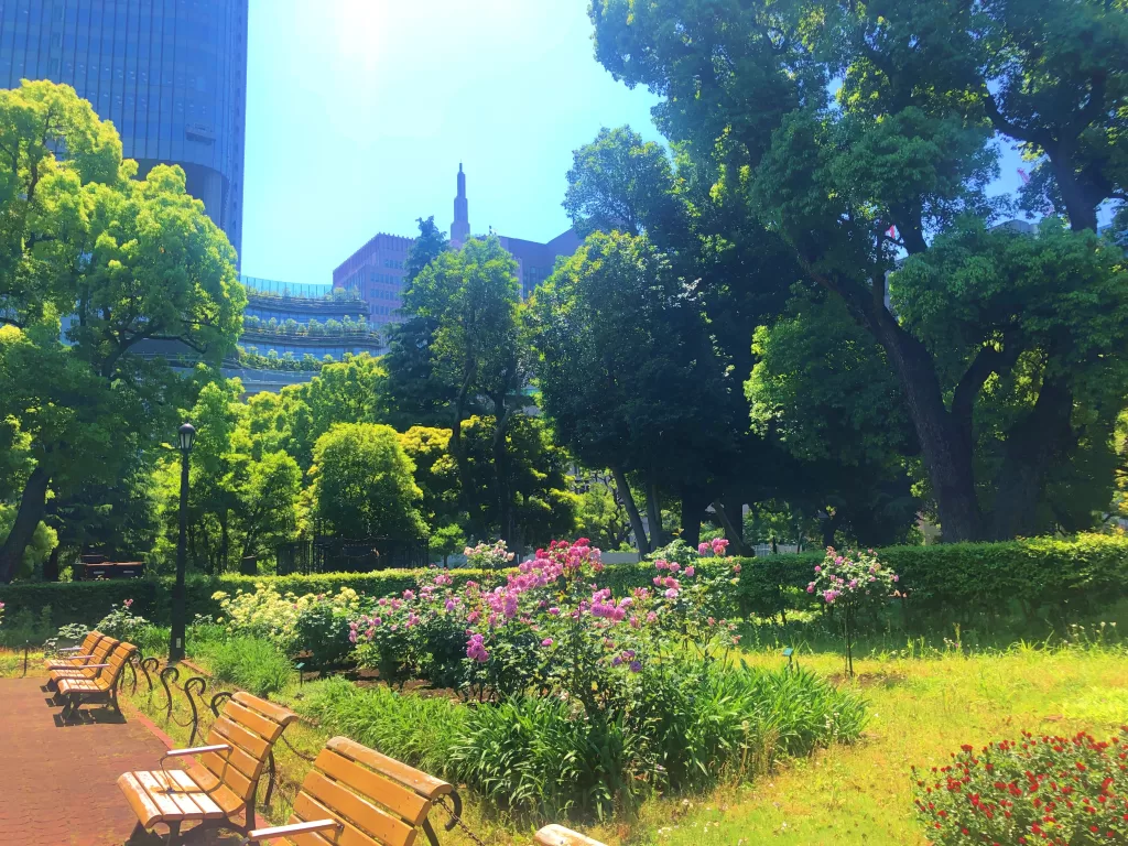 A Japanese Park with green trees, pink and red flowers, and a bench to sit.