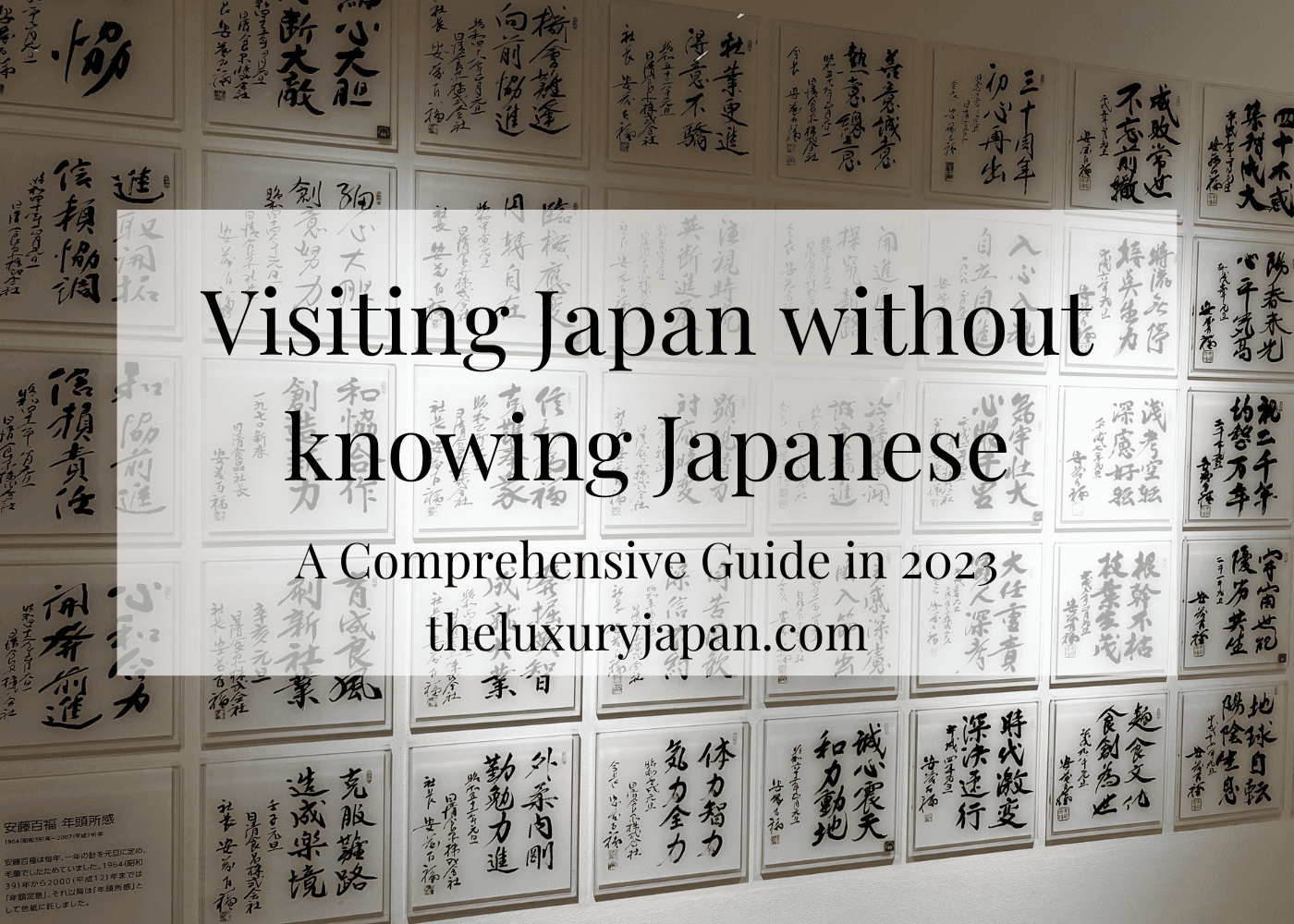 A background full of Japanese letters, with an English text "Visiting Japan without knowing Japanese A comprehensive guide in 2023 theluxuryjapan.com